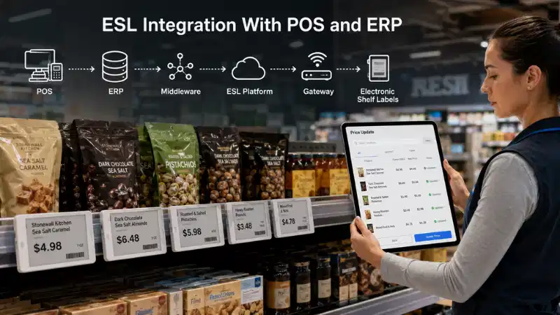 Elektronisko plauktu etiķešu integrācija ar POS un ERP: API, datu kartēšana, kļūdu apstrāde un at...